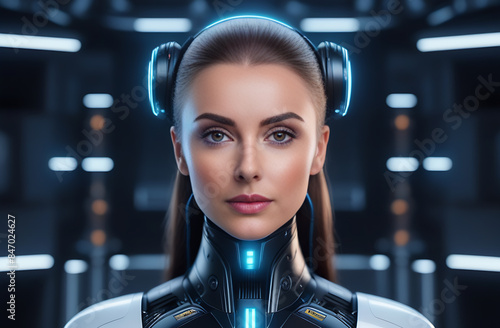Portrait of a woman symbolically turning into plastic robot face, virtual human, virtual character, or digital clone, using computer-generated from the real persona. AI artificial intelligence.