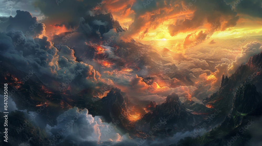 Fiery Mountain Range with Dramatic Clouds Fiery Mountain Range with Dramatic Clouds