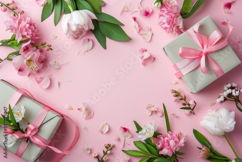A small gift box wrapped with ribbons in shades of pink and green, surrounded by fresh flowers