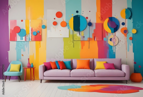living room with colorful sofa