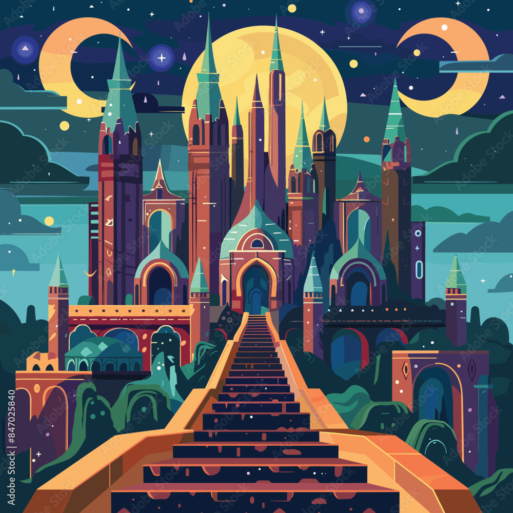 Fantasy castle illustration under night sky moon stars. Majestic palace ...