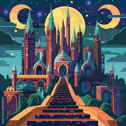 Fantasy castle illustration under night sky moon stars. Majestic palace stands atop grand staircase amidst celestial bodies. Enchanted castle graphic vibrant colors fantasy setting