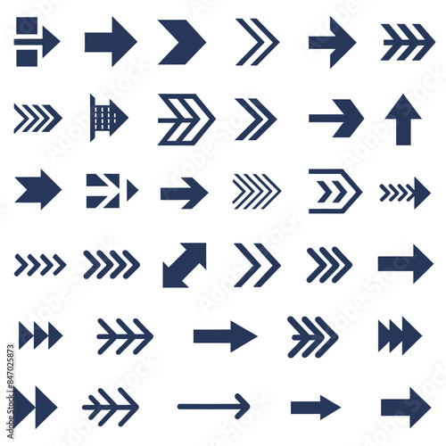 Navy Arrow Icon Set with Diverse Designs and Orientations
