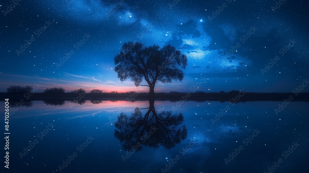 dream night sky, milky way and galaxy view, dreamlike ethereal background, starry night sky and a lone tree silhouette reflected on lake water surface calm quiet peaceful dream night sky, milky way and galaxy view, dreamlike ethereal background, starry night sky and a lone tree silhouette reflected on lake water surface calm quiet peaceful