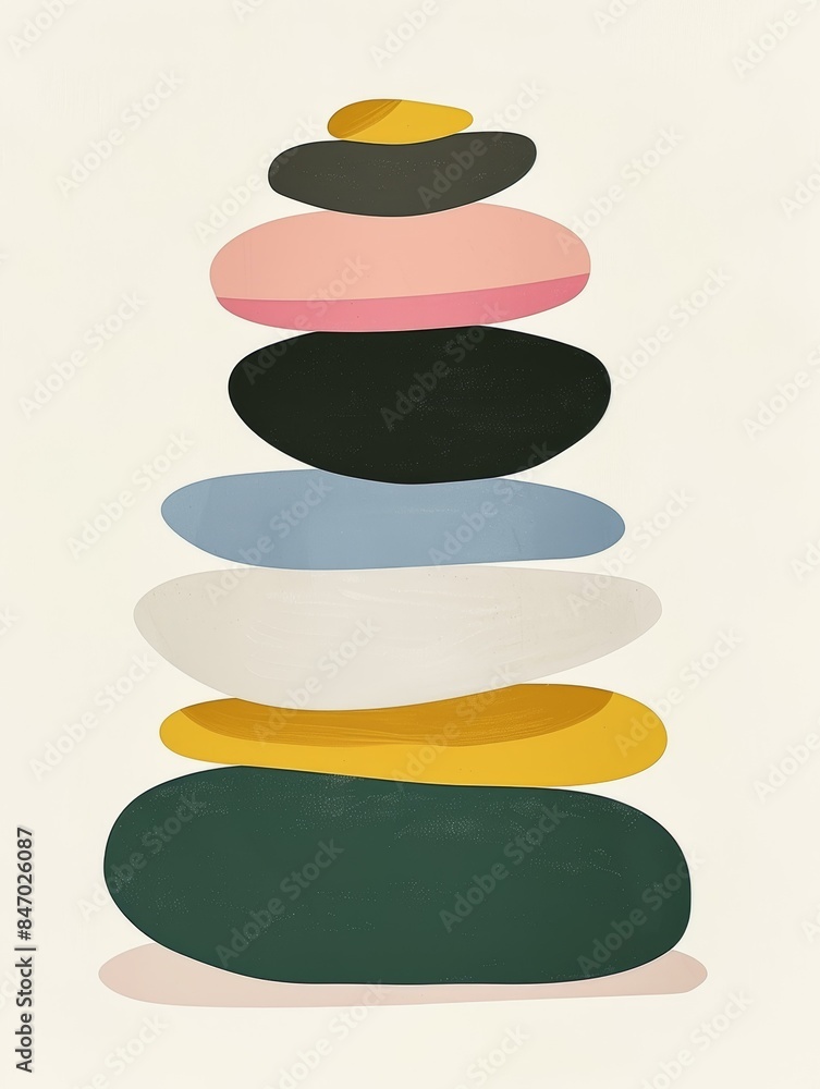An illustration of colorful stacked stones on a white background. The stones are arranged in a symmetrical pattern, with the largest stone at the bottom and the smallest stone at the top An illustration of colorful stacked stones on a white background. The stones are arranged in a symmetrical pattern, with the largest stone at the bottom and the smallest stone at the top