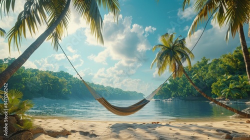 A hammock strung between two palm trees on the beach river's edge, swaying gently in the breeze
