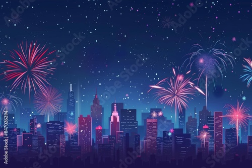 Festival fireworks background, New Year bokeh abstract dark sky, firework banner and traditional celebration background vector illustration. © pixeness