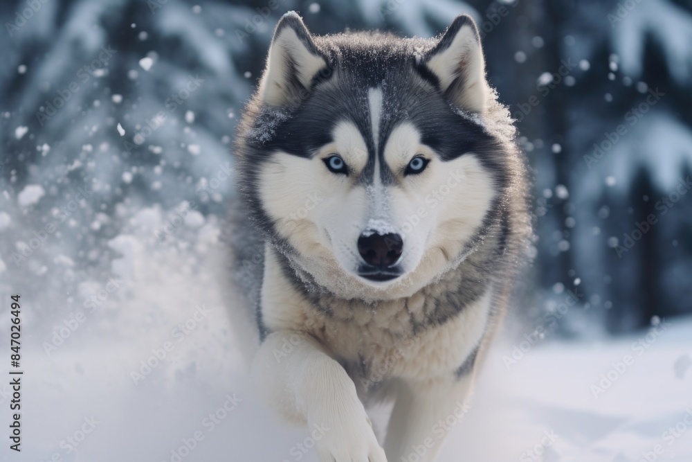 A husky dog runs through the snow-covered landscape, its fur fluffed up against the cold A husky dog runs through the snow-covered landscape, its fur fluffed up against the cold