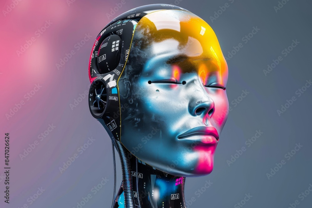 Robotic head with colorful AI interface, representing the fusion of robotics and artificial intelligence in advanced technology Robotic head with colorful AI interface, representing the fusion of robotics and artificial intelligence in advanced technology