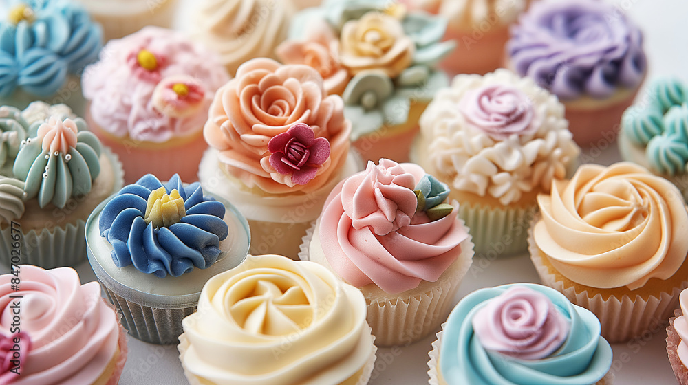 A selection of beautifully decorated cupcakes or pastries, highlighting intricate designs and vibrant colors A selection of beautifully decorated cupcakes or pastries, highlighting intricate designs and vibrant colors