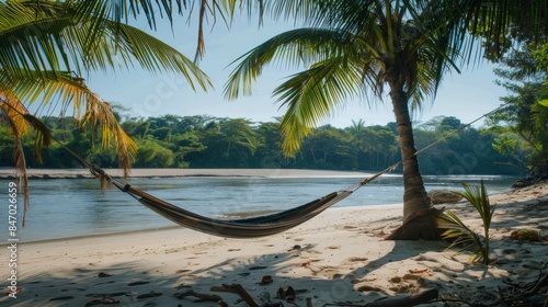 A hammock strung between two palm trees on the beach river's edge, swaying gently in the breeze