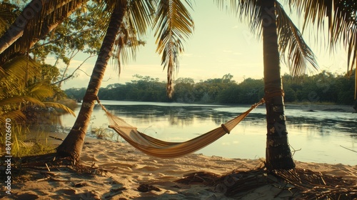 A hammock strung between two palm trees on the beach river's edge, swaying gently in the breeze