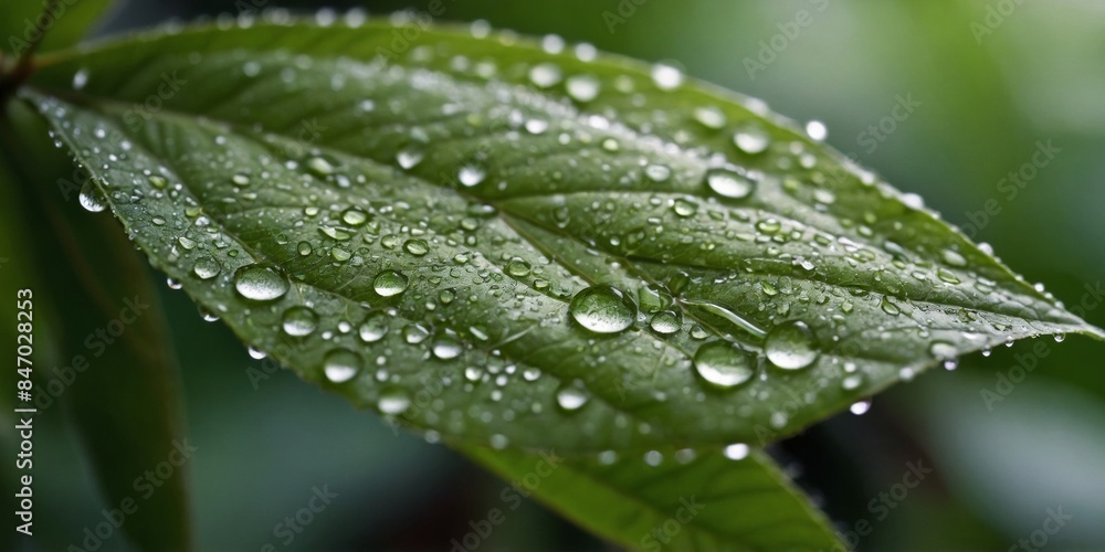 Close-up of a vibrant green leaf covered in crystal clear water droplets after rainfall Close-up of a vibrant green leaf covered in crystal clear water droplets after rainfall