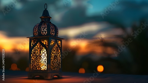 Traditional ornate lantern with a lit candle inside is placed on a wooden surface against the blurred backdrop © Muzikitooo