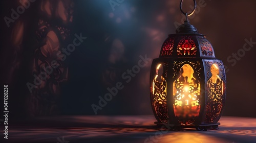 Traditional ornate lantern with a lit candle inside is placed on a wooden surface against the blurred backdrop