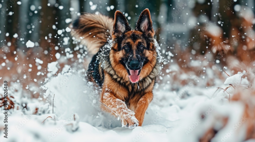 A dog runs through the snowy woods on a winter day A dog runs through the snowy woods on a winter day