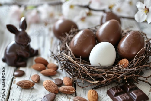 A cozy nest filled with chocolate eggs and almonds, perfect for Easter or spring-themed designs