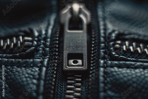 Close-up shot of a zipper on a black leather jacket