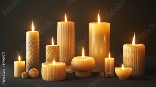 A collection of candles placed together