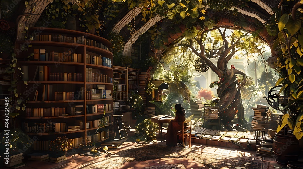 A cozy library nestled within a lush, sun-drenched forest, inviting readers to escape and explore. A cozy library nestled within a lush, sun-drenched forest, inviting readers to escape and explore.