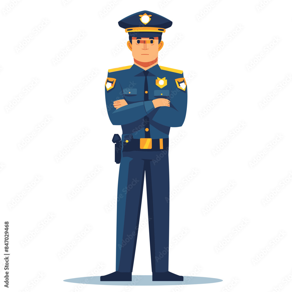 police officer stands confidently, arms crossed, full uniform. Male law enforcement figure wearing blue police attire, badges rank, serious expression. Professional policeman character, duty police officer stands confidently, arms crossed, full uniform. Male law enforcement figure wearing blue police attire, badges rank, serious expression. Professional policeman character, duty