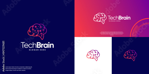 technology brain with connection dot, human health, education science, digital global, logo design vector.