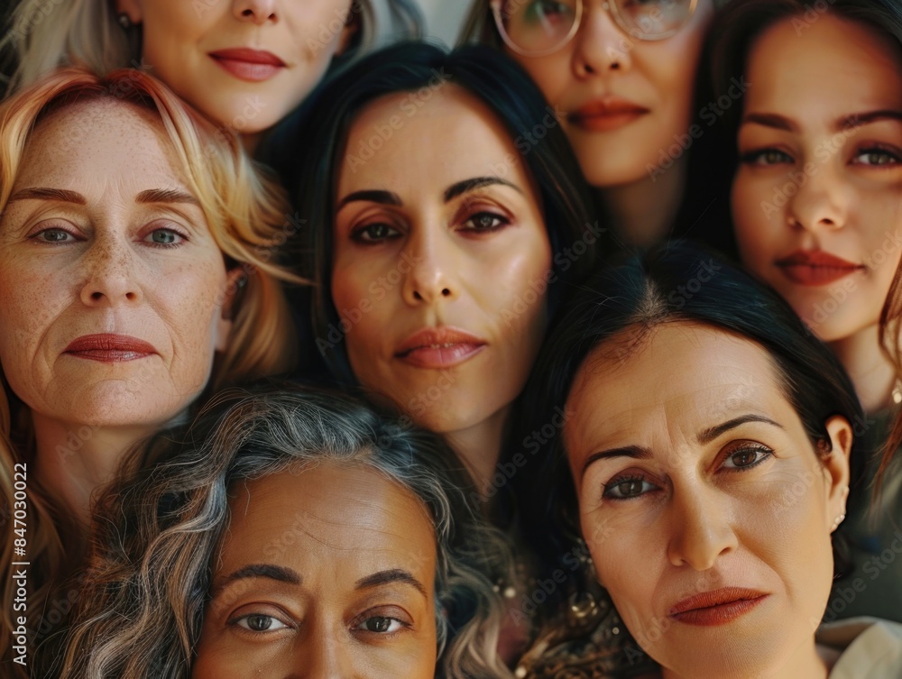 Group of women smiling and posing together for a photography session Group of women smiling and posing together for a photography session