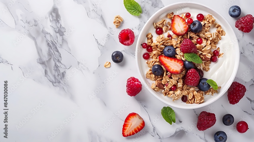 A bowl of granola with yogurt, berries, and mint leaves on a marble background. The bowl is in the center of the image, and the berries are scattered around it. A bowl of granola with yogurt, berries, and mint leaves on a marble background. The bowl is in the center of the image, and the berries are scattered around it.