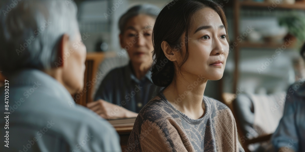 A woman sits among a group of older individuals, likely seeking guidance or wisdom A woman sits among a group of older individuals, likely seeking guidance or wisdom