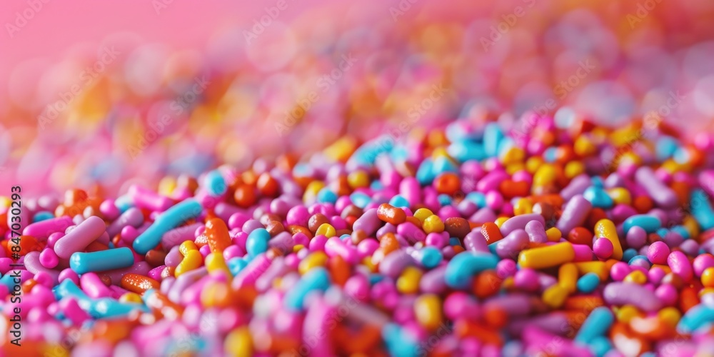 Colorful sprinkles scattered on a bright pink surface, perfect for desserts or crafts Colorful sprinkles scattered on a bright pink surface, perfect for desserts or crafts