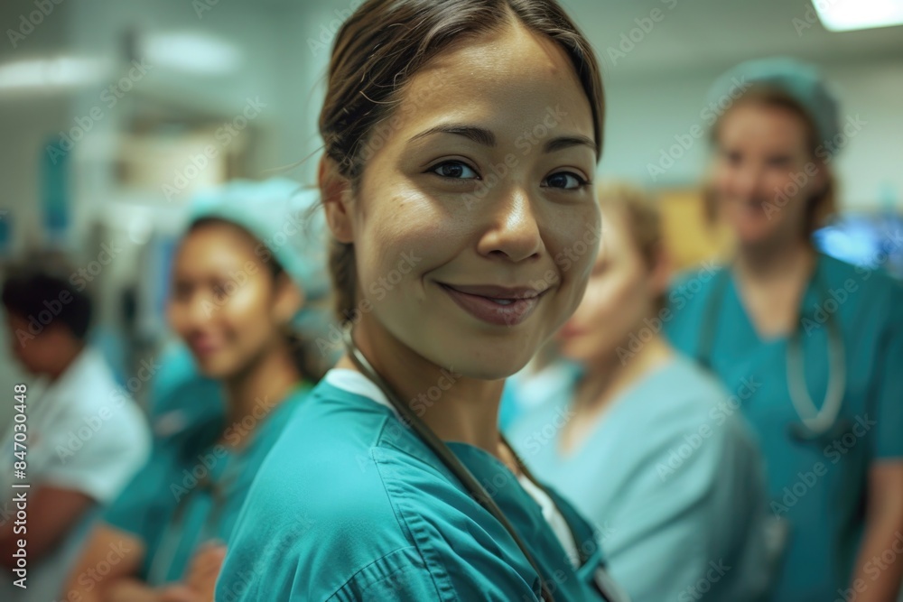 A woman in scrubs stands with a group of nurses, ready to provide care A woman in scrubs stands with a group of nurses, ready to provide care