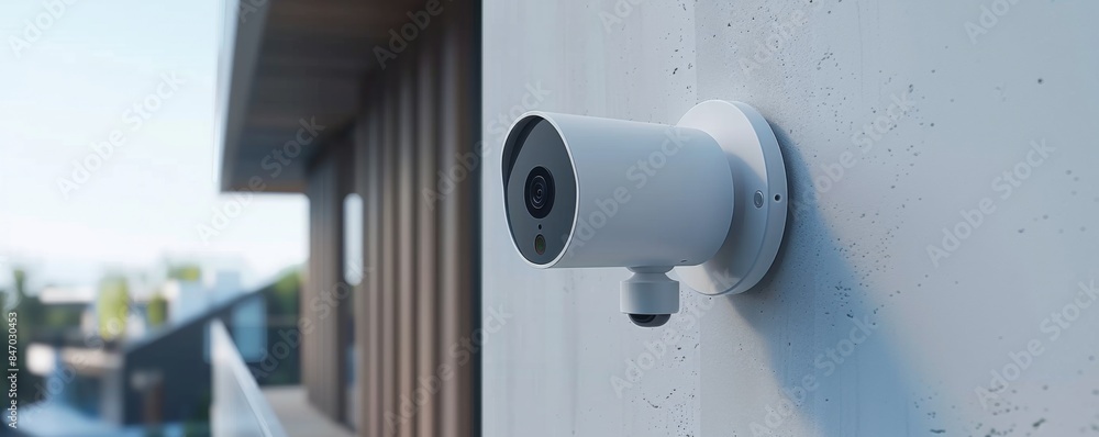 Security futuristic smart camera mounted on wall of company building, banner. Generative Ai. Security futuristic smart camera mounted on wall of company building, banner. Generative Ai.