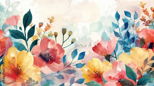 Colorful Decorative Background with Handmade Floral Pattern in Watercolor Techniqu photo