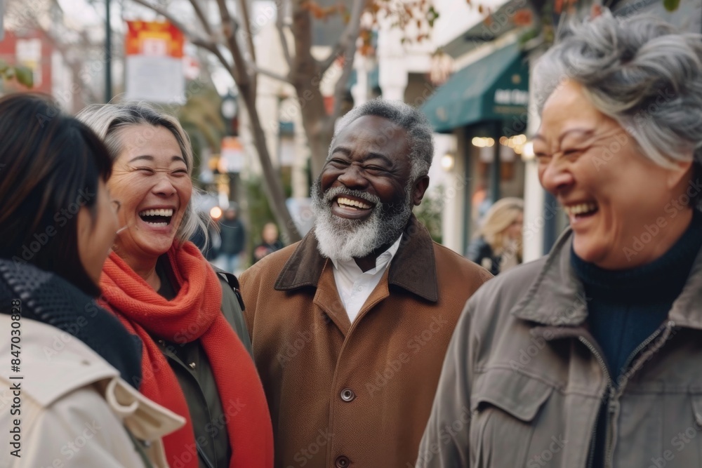 Group of asian senior friends having fun together in the street. Group of asian senior friends having fun together in the street.
