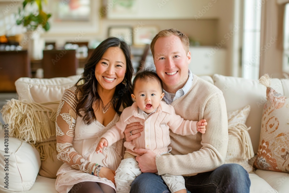 Happy family portrait, a family smiling and sitting on a white couch in the living room Happy family portrait, a family smiling and sitting on a white couch in the living room