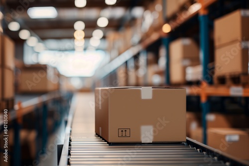 Warehouse Distribution: Stack of Cardboard Boxes Alongside Conveyor Belt in Blurred Interior