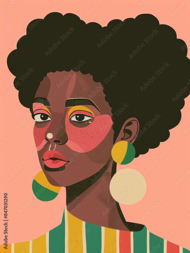 Fototapeta premium A digital illustration of a Black woman with an afro, wearing large earrings and a striped shirt