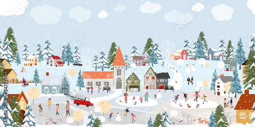 Christmas Background,Seamless Pattern Winter Landscape sky cloud and snow on tree,People celebration Xmas eve in city park at night the town,Vector illustration panorama village with house and forest