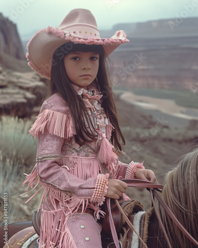 A 1970s-style portrait little brunette cowgirl wearing pink clothing, riding a horse in a canyon.