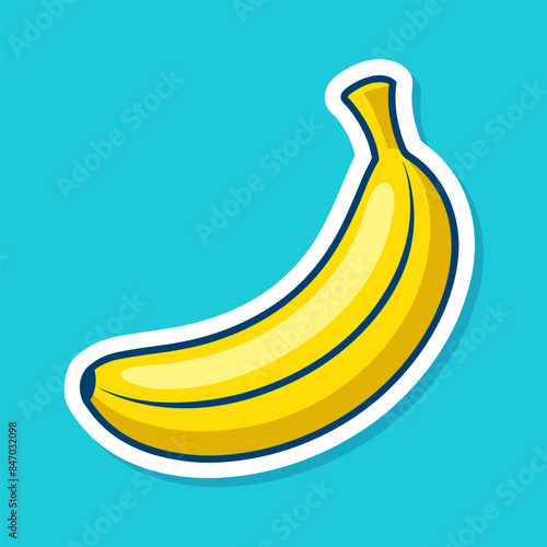 Yellow ripe banana sticker. Vegetarian healthy food. Blue background. Vector illustration.