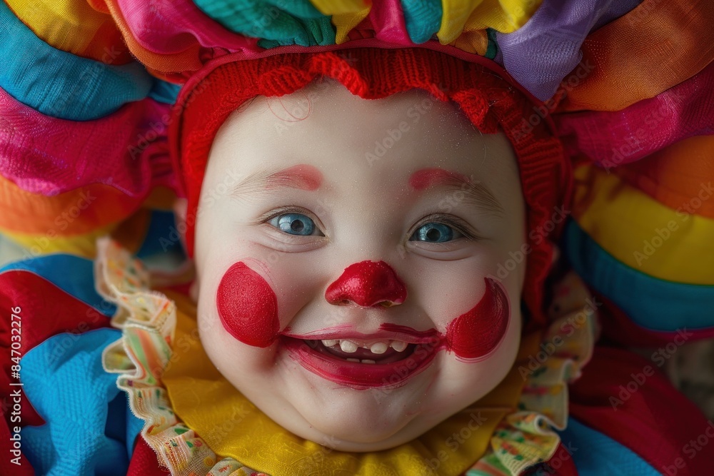 Closeup of a happy young child dressed as a colorful clown with face paint and a big smile Closeup of a happy young child dressed as a colorful clown with face paint and a big smile