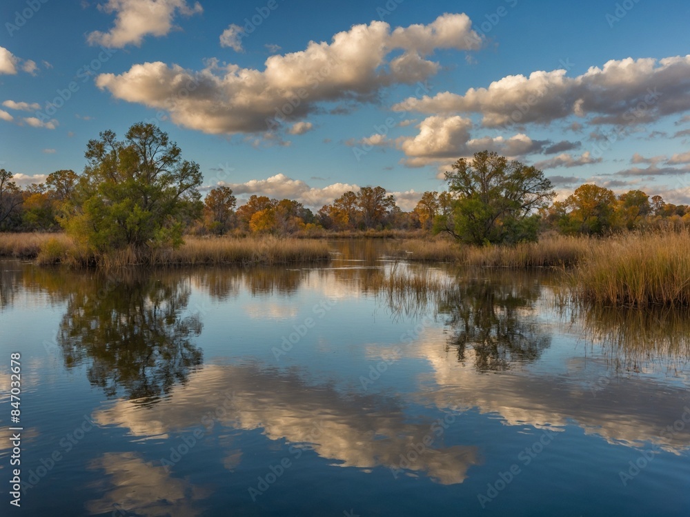 Serene landscape unfolds, presenting calm body of water that mirrors sky above. This body of water nestled amidst lush vegetation, trees exhibiting autumnal hues. Sky, canvas of blue. Serene landscape unfolds, presenting calm body of water that mirrors sky above. This body of water nestled amidst lush vegetation, trees exhibiting autumnal hues. Sky, canvas of blue.