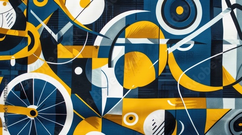 Geometric Shapes in Blue Yellow and White Shapes on Cotton Fabric with a Retro Cycling Theme and Abstract Bicycle Parts Mix