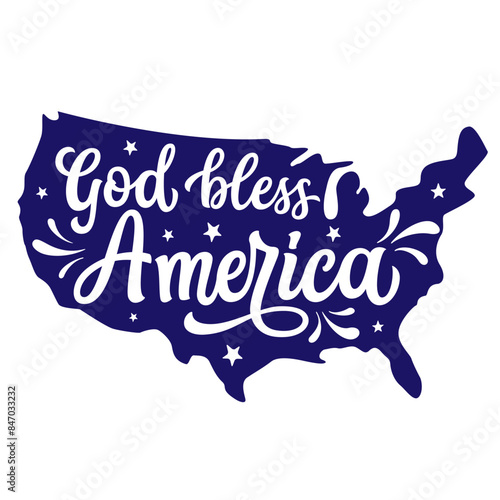 God bless America. Hand lettering patriotic quote in a USA map shape isolated on white background. Vector independence day typography for t shirts, posters, banners, cards, party decor, balloons