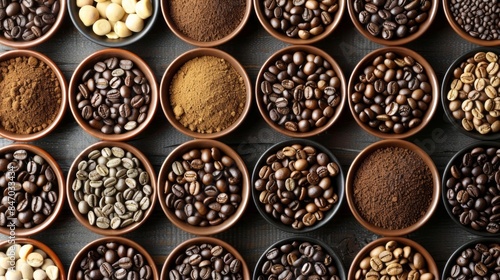 A row of bowls filled with different types of coffee beans and spices