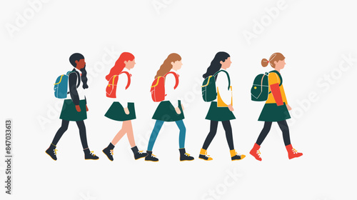 Five diverse schoolgirls walking side side, flat vector style, student wears uniform consisting green skirt, white shirt, different colored sweaters, carry backpacks distinct hairstyles, walking