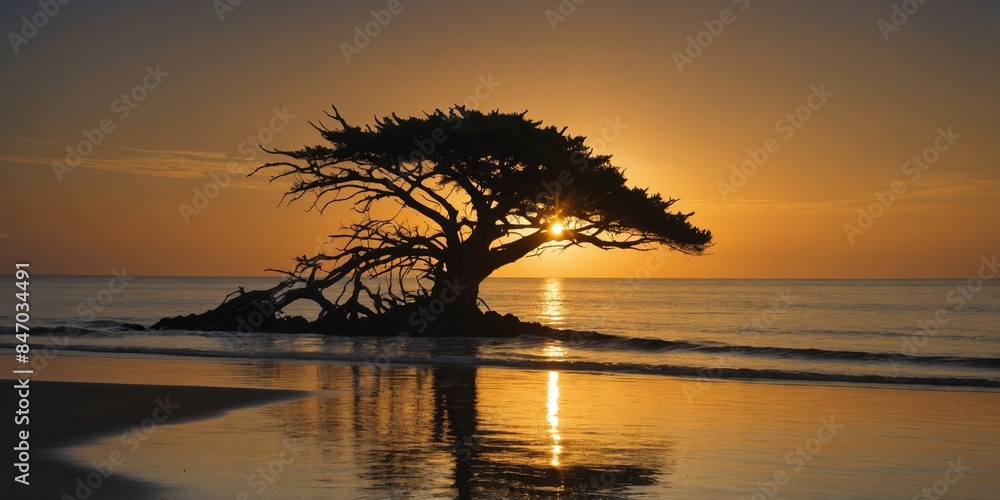 Majestic lone tree silhouette on a serene beach with a stunning sunset in the background Majestic lone tree silhouette on a serene beach with a stunning sunset in the background