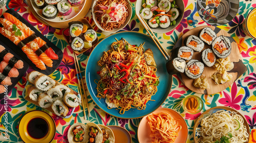 An international feast from above, a unifying spread of sushi, pasta, and tacos on a vibrant