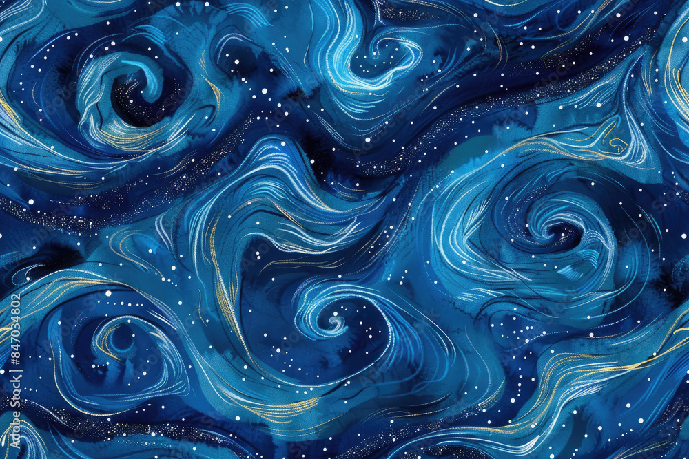 A seamless pattern with watercolor waves in deep blue against a starry night sky background. Created with AI A seamless pattern with watercolor waves in deep blue against a starry night sky background. Created with AI