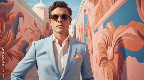 Fashionable man in peach suit and sunglasses posing against colorful mural